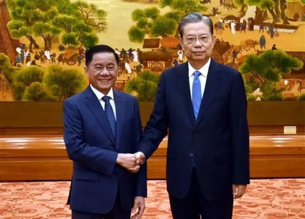 Zhao Leji, membre du Bureau Politique, président du Comité permanent de l’Assemblée populaire nationale et Trân Câm Tu (à gauche), membre du Bureau Politique, secrétaire du Comité central du Parti, président de la Commission centrale du contrôle du Parti communiste du Vietnam. Photo : VNA.