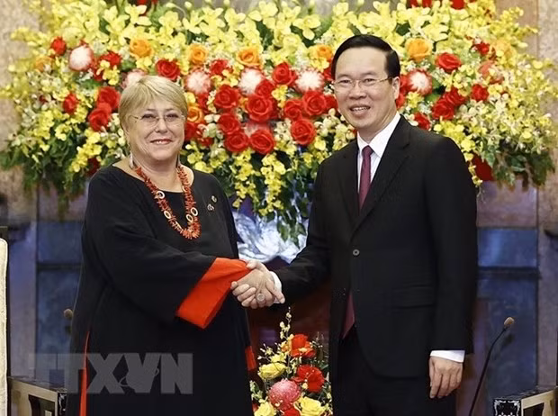 Le Président Vo Van Thuong et l’ancienne Présidente du Chili, Michelle Bachelet, en visite au Vietnam à l'occasion du 52e anniversaire de l'établissement des relations diplomatiques entre le Vietnam et le Chili. Photo : VNA.