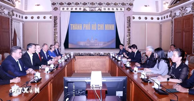 Le vice-président du Comité populaire de Hô Chi Minh-Ville, Vo Van Hoan recevant l’ancien vice-chancelier, ancien ministre de la Santé et ministre de l’Économie et de la Technologie d’Allemagne, Philipp Rösler. Photo : VNA.