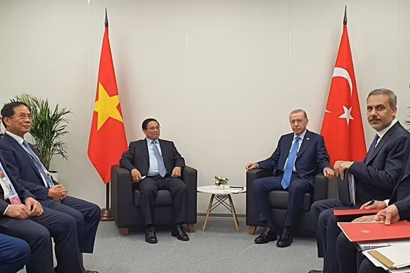 Le Premier ministre Pham Minh Chinh (gauche) et le président turc Recep Tayyip Erdogan. Photo: VNA