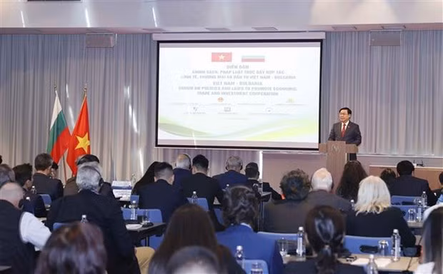 Le Président de l’Assemblée nationale du Vietnam Vuong Dinh Huê s'adresse au Forum politique et juridique sur la promotion de la coopération Vietnam-Bulgarie. Photo: VNA