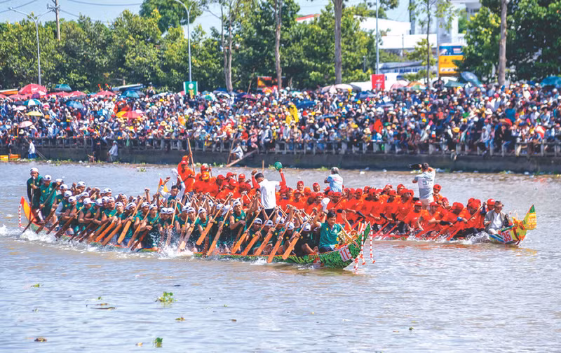 La course de "ghe ngo" (pirogues) des Khmers est l’une des attractions touristiques originales de Soc Trang. Photo : VNA/CVN.
