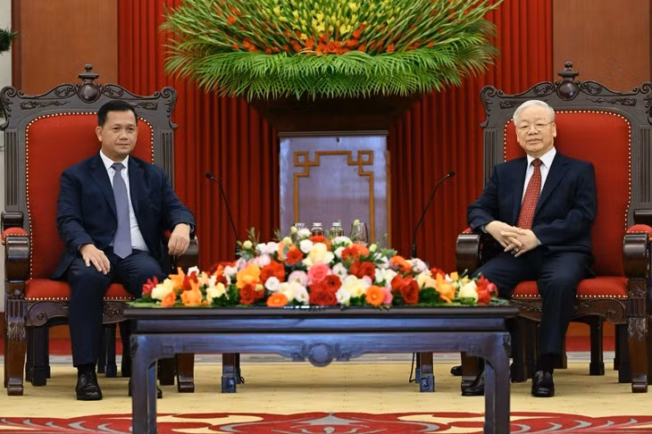 Le Secrétaire général du PCV, Nguyên Phu Trong, a reçu le Premier ministre et vice-président du Parti populaire cambodgien (PPC) Hun Manet. Photo : VOV. 