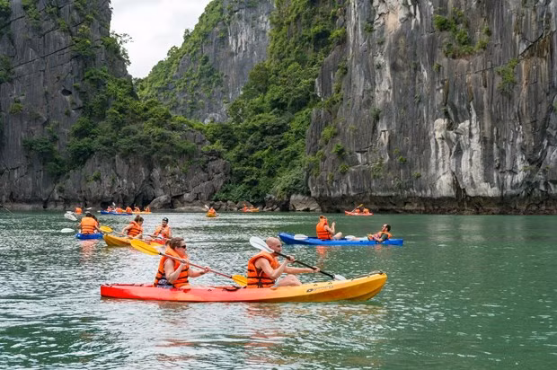 Kayak sur la baie d'Ha Long. Photo : VNA.