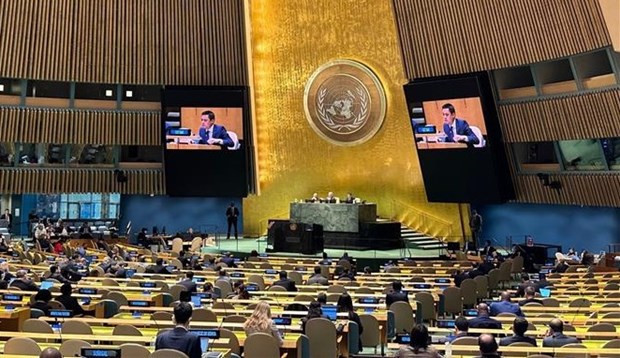 L'ambassadeur Dang Hoàng Giang, chef de la Mission permanente du Vietnam auprès de l'ONU, prend la parole. Photo: VNA