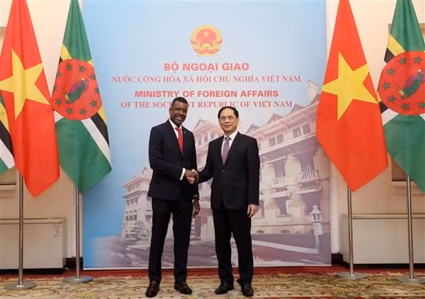 Le ministre vietnamien des Affaires étrangères du Vietnam, Bùi Thanh Son (à droite), et le ministre des Affaires étrangères, des Affaires internationales, du Commerce et de l'Énergie du Commonwealth de la Dominique, Vince Henderson. Photo : VNA.