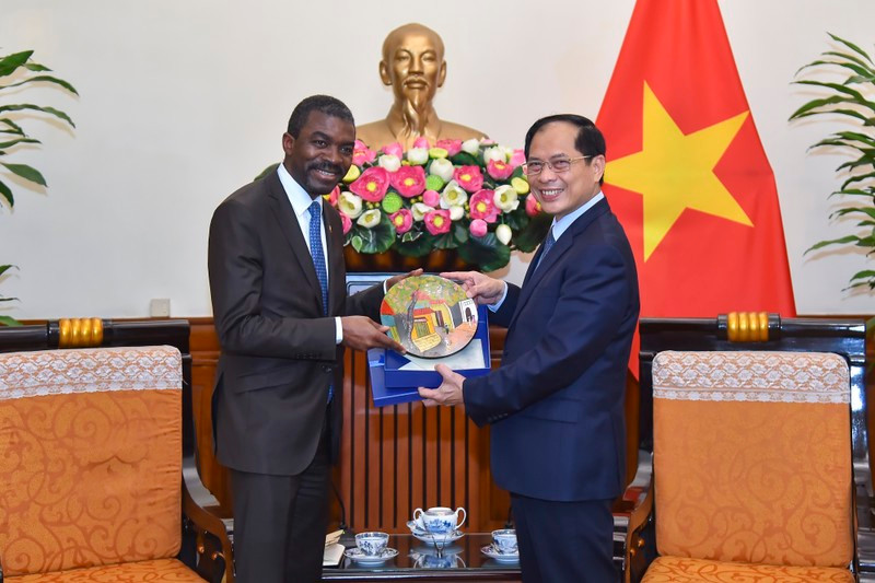 Le ministre des Affaires étrangères Bùi Thanh Son (à droite) et le directeur du Centre du patrimoine mondial de l'UNESCO, Lazare Eloundou Assomom, le 27 mars à Hanoï. Photo : NDEL. 