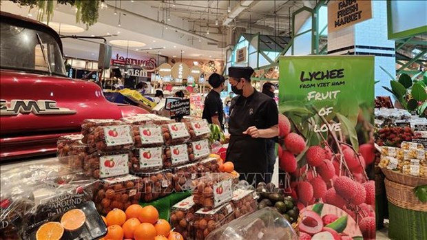 Des litchis frais de Bac Giang (au Nord du Vietnam) vendus au centre commercial Siam Paragon. Photo : VNA.