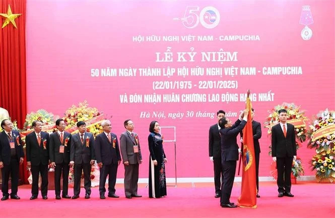 Le vice-Premier ministre et ministre des Affaires étrangères du Vietnam, Bui Thanh Son, décerne l’Ordre du Travail de première classe à l'Association d’amitié Vietnam-Cambodge. Photo : VNA