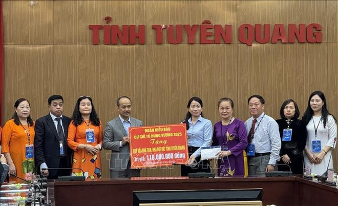 La délégation des Vietnamiens d'outre-mer présente des dons, contribuant au programme d'élimination de l'habitat précaire dans la province de Tuyên Quang. Photo : VNA.