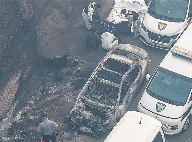 Une voiture calcinée dans un incendie de forêt à Yeongdeok, province du Gyeongsang du Nord, en République de Corée. Photo : Yonhap/VNA.