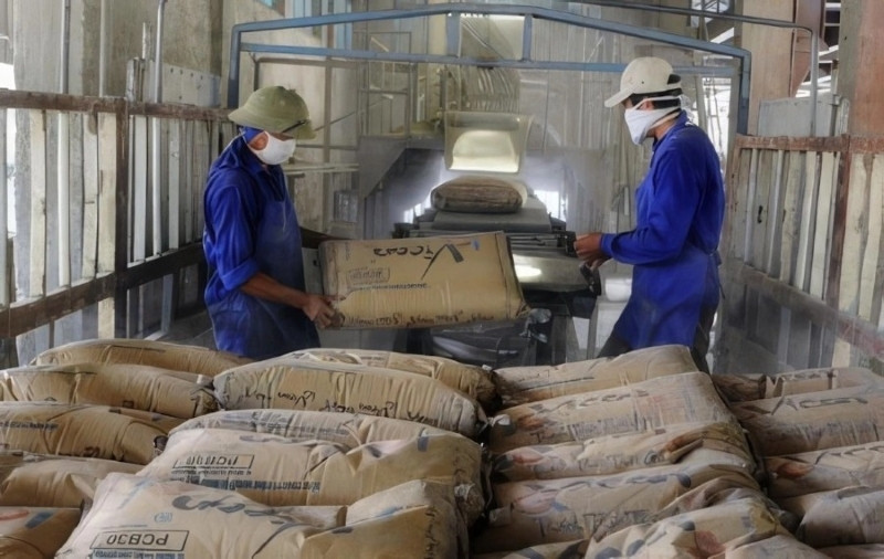 Des ouvrier transportent des sacs de ciment dans une usine. Photo : Vicem.