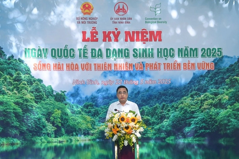 Nguyen Quoc Tri, vice-ministre vietnamien du Ministère de l’Agriculture et de l’Environnement, prend la parole lors de la cérémonie de célébration de la Journée internationale de la biodiversité 2025 Photo : Thai Ba.