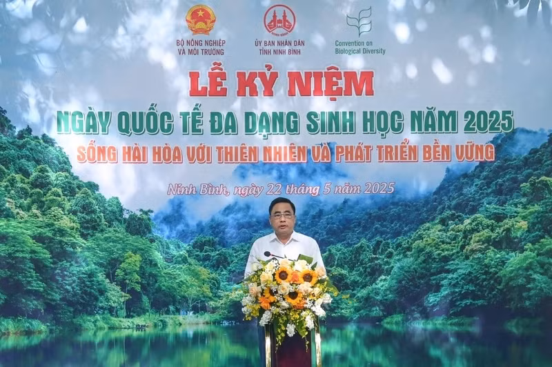 Nguyen Quoc Tri, vice-ministre vietnamien du Ministère de l’Agriculture et de l’Environnement, prend la parole lors de la cérémonie de célébration de la Journée internationale de la biodiversité 2025 Photo : Thai Ba.