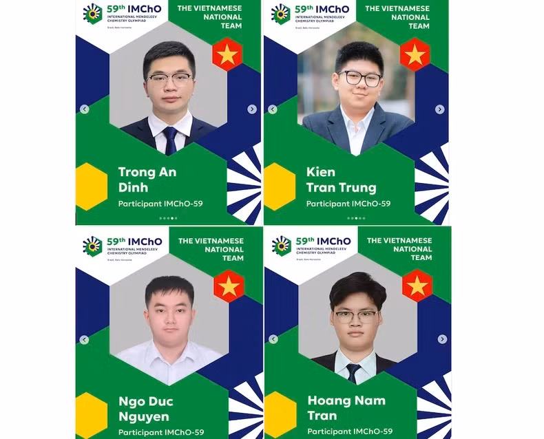 Les quatre élèves vietnamiens médaillés à la 59e Olympiade internationale de chimie Mendeleïev. Les quatre élèves vietnamiens médaillés à la 59e Olympiade internationale de chimie Mendeleïev.