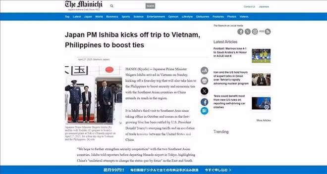 Les médias japonais ont largement couvert la visite du Premier ministre Ishiba Shigeru au Vietnam et aux Philippines. Photo : capture de l'écran.