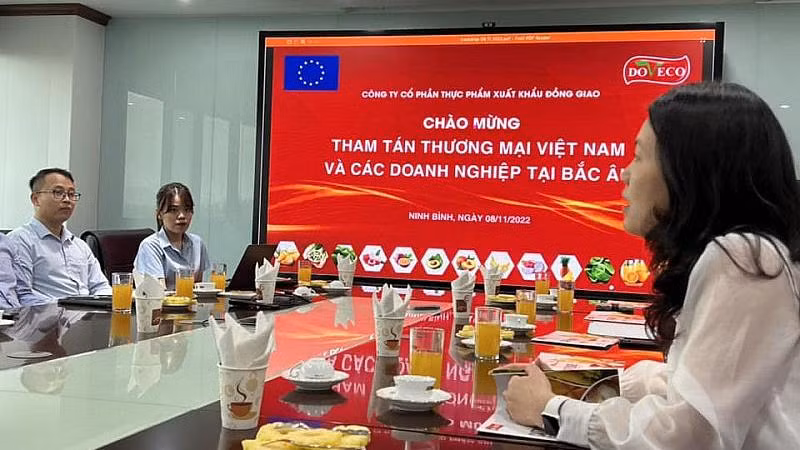 Séance de travail entre le service commercial de l’ambassade du Vietnam en Suède et l'Association des entreprises du Vietnam en Suède avec le Service de l'industrie et du commerce de la province de Ninh Binh et un certain nombre d'entreprises provinciales. Photo : congthuong.vn.