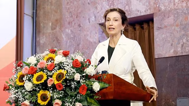 Audrey Azoulay, Directrice générale de l'UNESCO, s'exprime à la célébration. Photo : VNA.