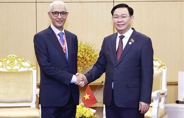 Le Président de l'Assemblée nationale Vuong Dinh Huê (à droite) et le Président de la Chambre des représentants du Maroc Rachid Talbi El Alami. Photo : VNA.