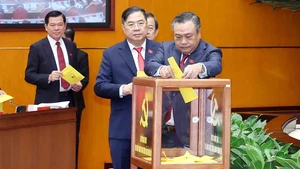 Les délégués procèdent au vote lors du premier plénum du Comité central du Parti du XIVe mandat, dans la matinée du 23 janvier. Photo : VNA.