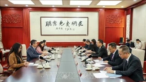 Séance de travail entre l'ambassadeur du Vietnam en Chine, Pham Thanh Binh, et Wang Gang, chef adjoint du Département de l’information du Comité central du PCC. Photo : VNA.