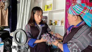 Des femmes Hmong de Mu Cang Chai échangent pour concevoir de nouveaux modèles de brocart, adaptés aux goûts des clients. Photo : VOV.