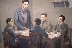 Dessin intitulé « Le dirigeant Nguyen Ai Quoc préside la réunion de fondation du Parti communiste du Vietnam, le 3 février 1930 ». Photo : Musée national d’histoire du Vietnam.