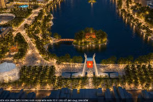 Vue en perspective du parc de Hoa Binh et de l’Arc de Triomphe, symbole du parc, depuis la rue Cau Go (élargie). Photo: hanoimoi.vn