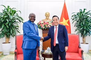 Le vice-ministre des Affaires étrangères Nguyen Hoang Long (à droite) reçoit le ministre délégué en charge de la Francophonie du ministère des Affaires étrangères de la RDC, Crispin Mbadu Phanzu. (Photo : Quang Hoa)