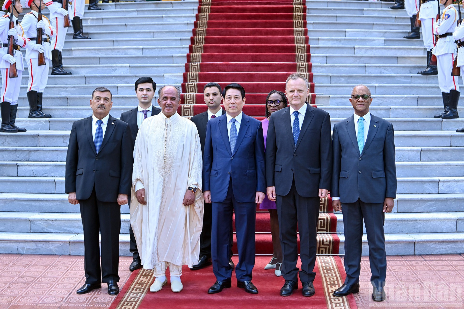 Le président Luong Cuong, les ambassadeurs non-résidents et les délégués vietnamiens lors de la cérémonie officielle. 17.jpg