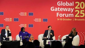 Le vice-Premier ministre vietnamien Bui Thanh Son (au micro) s’exprime lors d’une session de haut niveau dans le cadre du Global Gateway Forum. Photo : VNA. 