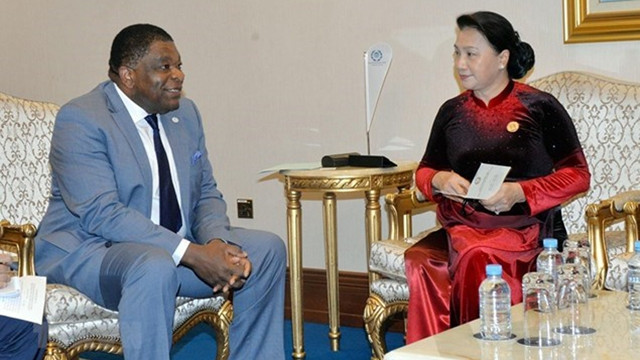La Présidente de l'AN vietnamienne Nguyên Thi Kim Ngân et le Secrétaire général de l'UIP, Martin Chungong, le 8 avril à Doha (Qatar). Photo : VNA.