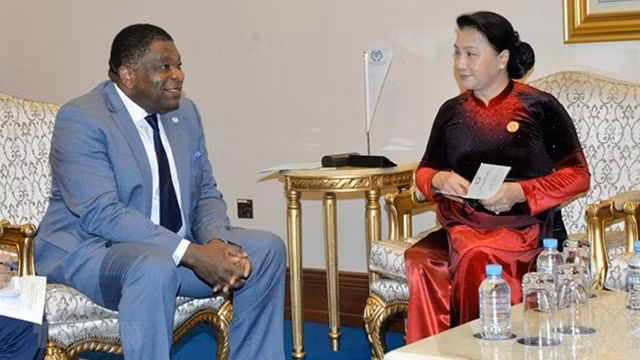 La Présidente de l'AN vietnamienne Nguyên Thi Kim Ngân et le Secrétaire général de l'UIP, Martin Chungong, le 8 avril à Doha (Qatar). Photo : VNA.