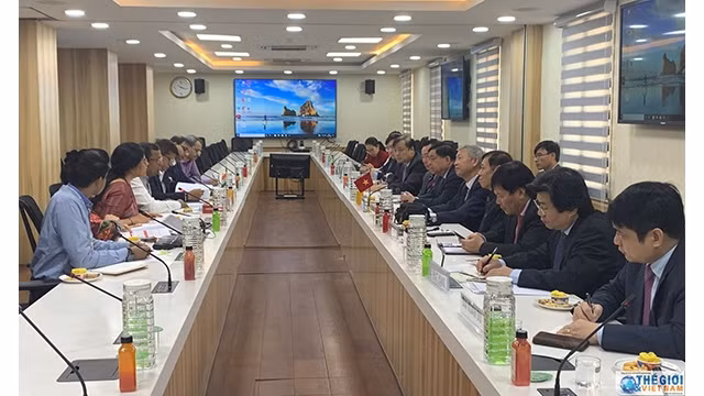 Vue générale de la séance de travail du ministre du Plan et de l’Investissement Nguyên Chi Dung avec le Secrétaire d’État auprès du ministère indien du Commerce et de l’Industrie, Som Parkash. Photo : https://baoquocte.vn