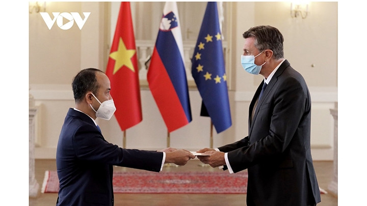 L’ambassadeur vietnamienne Nguyên Trung Kiên présente ses lettres de créance au président slovène, Borut Pahor. Photo : VOV