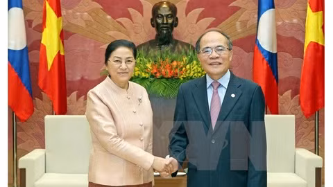 Le Président de l’AN vietnamienne, Nguyên Sinh Hùng (à droite), reçoit, ce lundi, la Présidente de l'AN laotienne, Pany Yathotou. Photo: VNA.