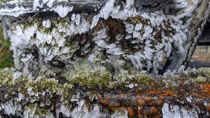 Le sommet de la montagne Phia Oac à Cao Bang recouvert de glace blanc. Photo : VNA.