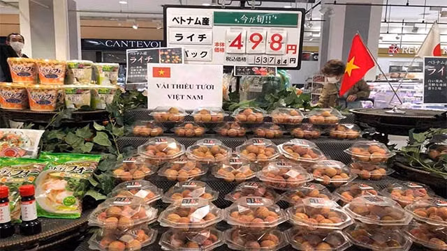 Des litchis vietnamiens vendus dans un supermarché AEON au Japon. Photo : VNA.