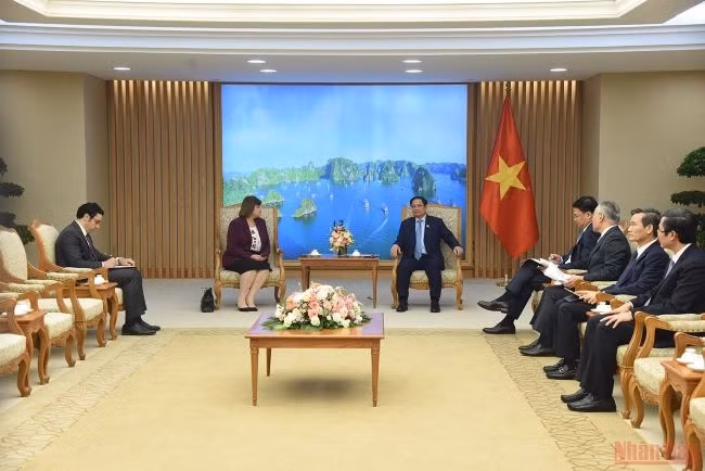 Lors de la rencontre entre le Premier ministre vietnamien, Pham Minh Chinh, et l'ambassadrice égyptienne au Vietnam, Amal Abdel Kader Elmorsi Salama. Photo : Trân Hai/NDEL.