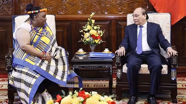 Le Président Nguyên Xuân Phuc (à droite) reçoit l'ambassadrice d’Afrique du Sud. Photo : baoquocte.vn