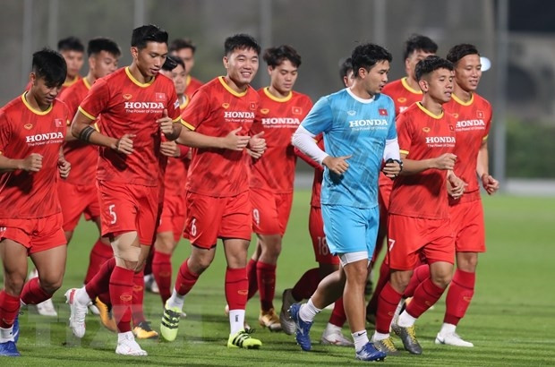 Des membres de l'équipe vietnamienne lors d'un entraînement. Photo : VNA.