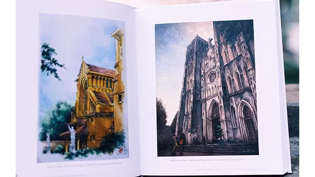 des croquis d’architectes dans le livre « Impression de Hanoi - à partir des croquis de bâtiments coloniaux français ». Photo: NDEL