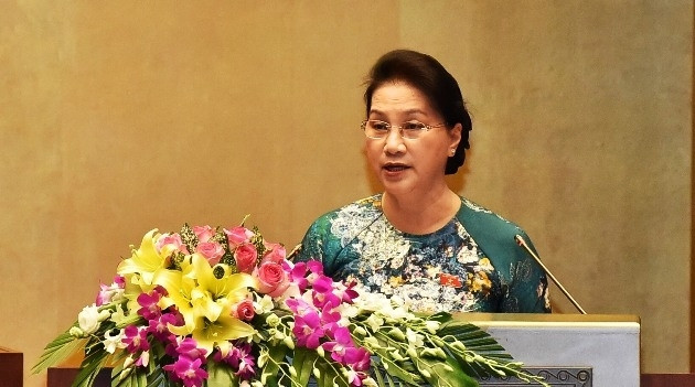 La Présidente de l’AN vietnamienne, Nguyên Thi Kim Ngân, prononce un discours lors de la cérémonie de clôture de la 3e session de l’AN de la XIVe législature, le 21 juin, à Hanoi. Photo: NDEL.