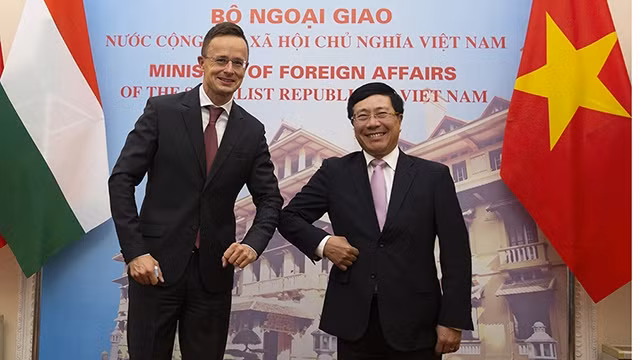 Le Vice-Premier ministre et ministre des Affaires étrangères Pham Binh Minh (à droite) et le ministre hongrois des Affaires étrangères et des Relations économiques extérieures, Péter Szijjártó. Photo : VGP.