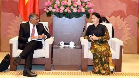 La Présidente de l’Assemblée nationale Nguyên Thi Kim Ngân et le président de la Cour suprême de Singapour, Sundaresh Menon, le 16 septembre à Hanoï. Photo : VNA/CVN.