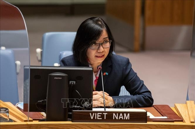 La cheffe adjointe de la Mission vietnamienne auprès de l'ONU, Nguyên Phuong Trà, lors d'une réunion. Photo : VNA.