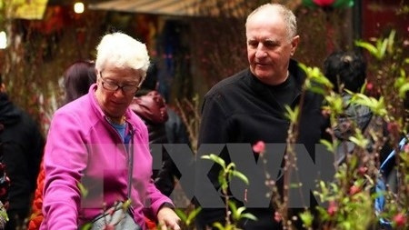 Des touristes étrangers visitent un marché du Têt. Photo: VNA.