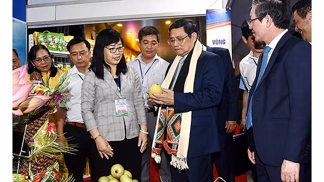 Le Premier ministre Pham Minh Chinh en visite dans un stand lors festival des fruits et des produits OCOP. Photo : NDEL.