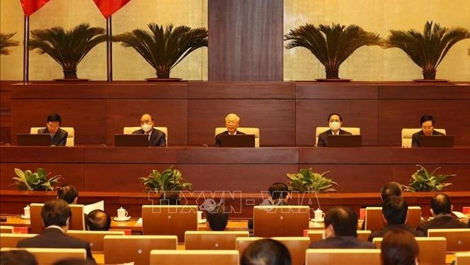 La conférence voit la présence du Secrétaire général du PCV Nguyên Phu Trong, du président Nguyên Xuân Phuc, du Premier ministre Pham Minh Chinh et du permanent du Secrétariat du Parti. Photo: VNA