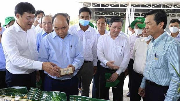 Le Président Nguyên Xuân Phuc (2e à gauche) visitant le modèle de production de la coopérative des services agricoles de My Dông 2. Photo : VNA.